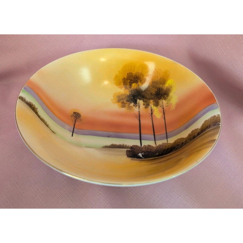 Vintage Japan Meito China Hand Painted Bowl Landscape 8 Inches Diameter